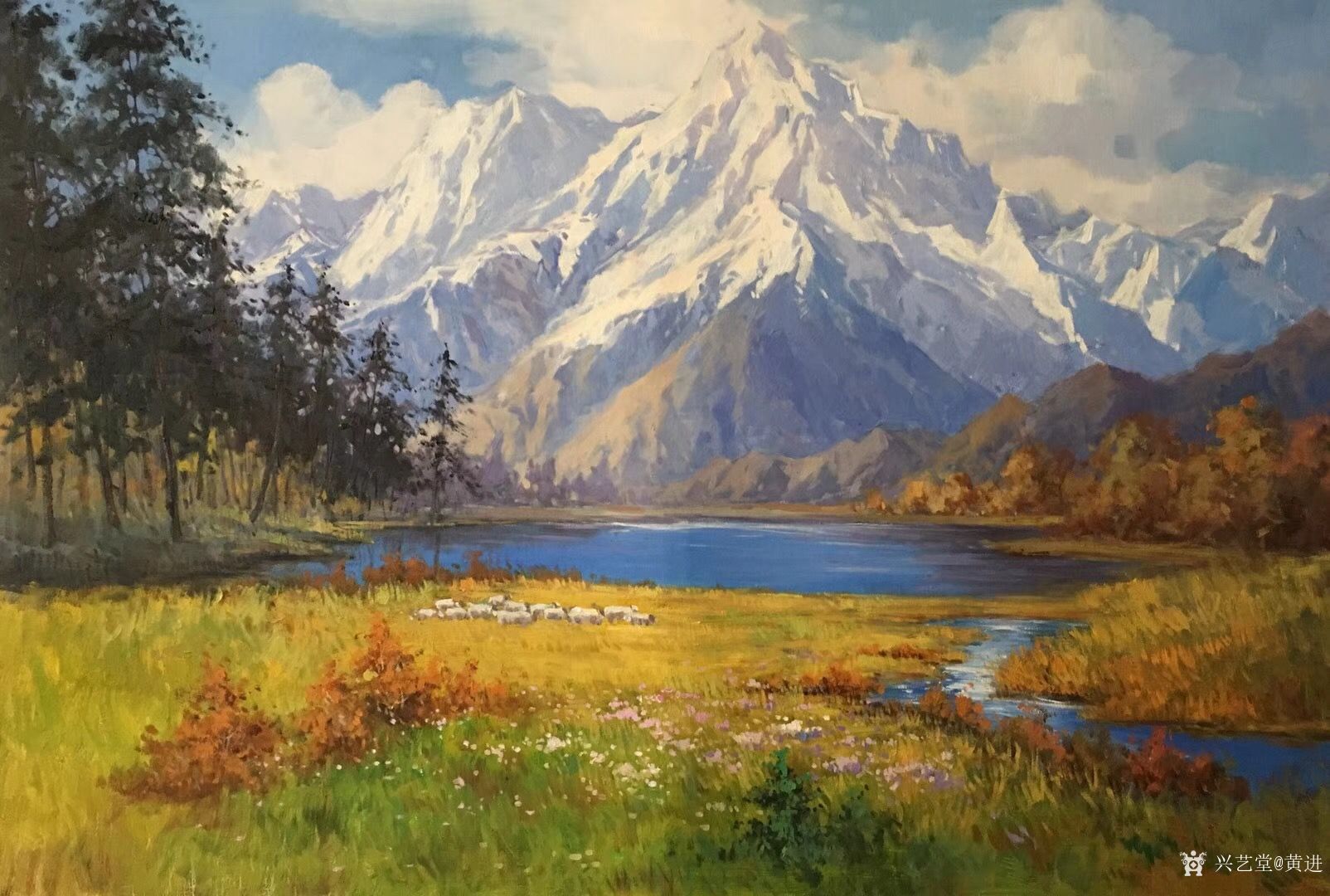 油画风景山水系列《雪山下》,四幅图,尺寸80x120cm.