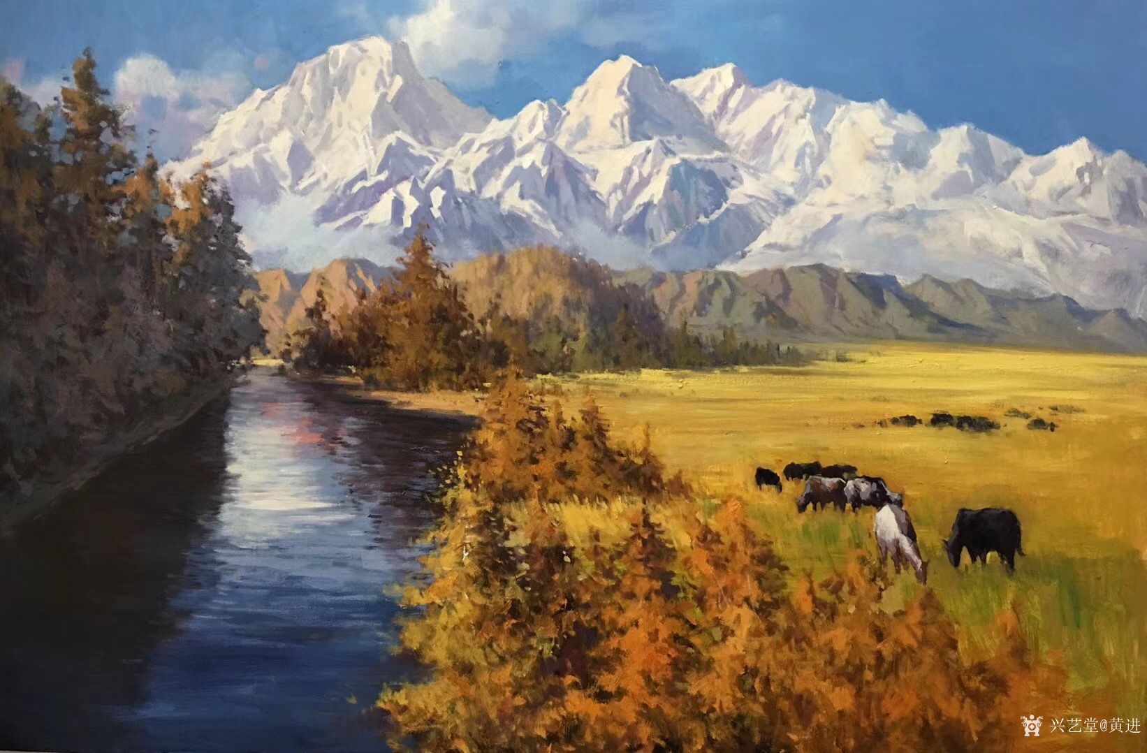 油画风景山水系列《雪山下》,四幅图,尺寸80x120cm.
