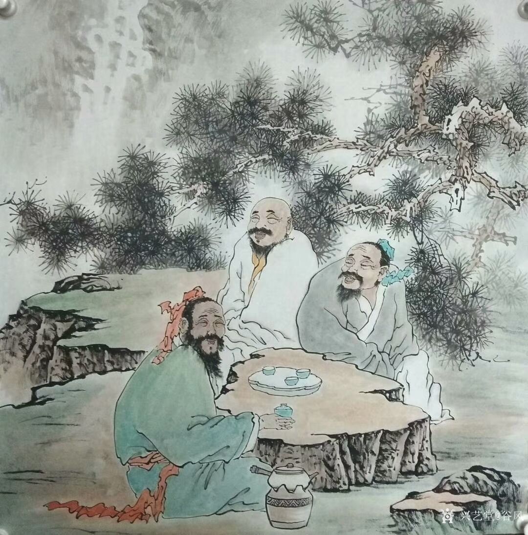 艺术家谷风日记:国画人物画《昭君出塞》,尺寸68*138cm,《松下品茗