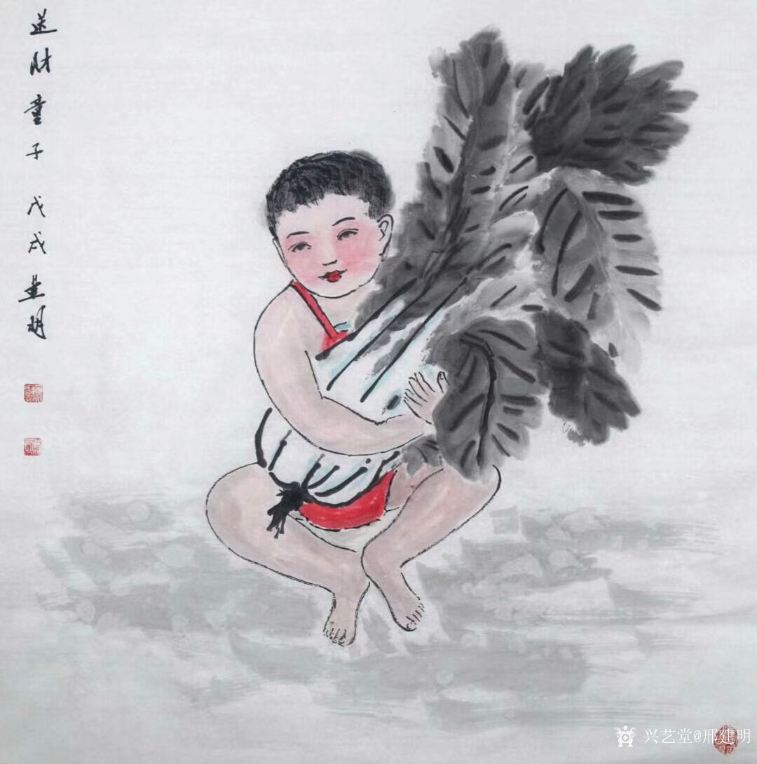 加友 国画人物画《送财》,《送财双童》,《来财》,《送财童子》,儿童