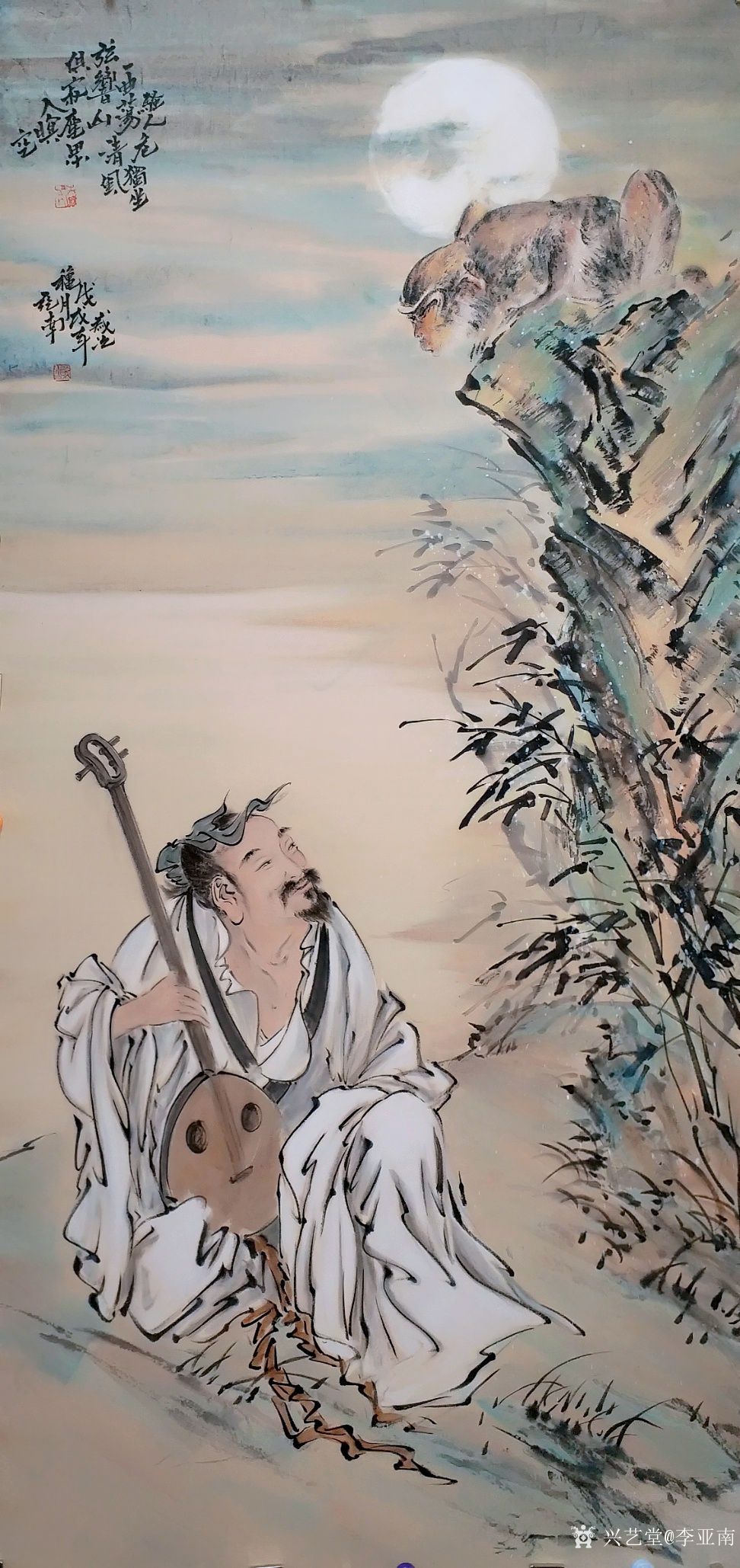 月下抚琴图