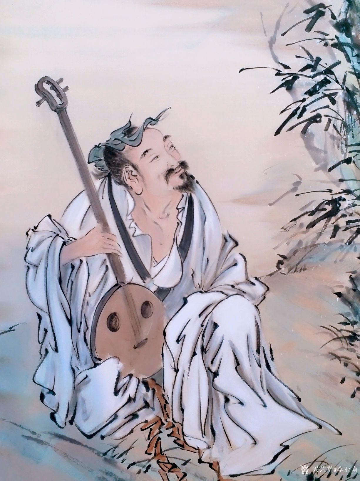 月下抚琴图