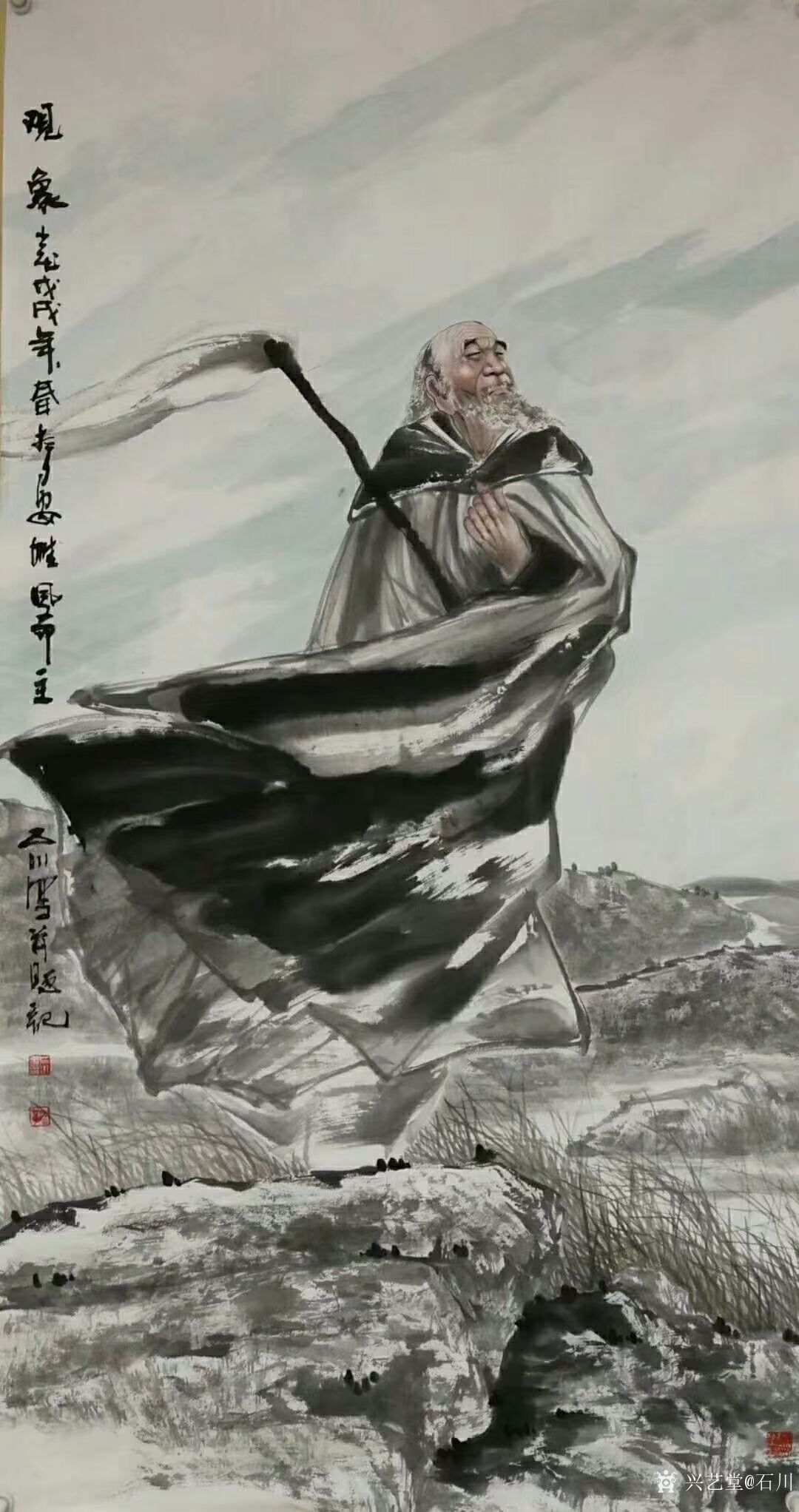 石川日记-石川国画人物画《大道无边》,《紫气东来》老子骑牛出关图