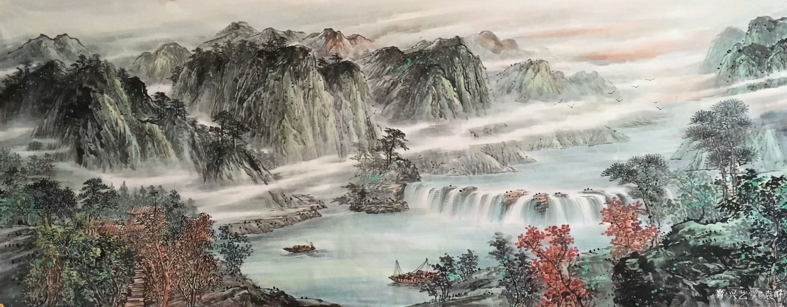 袁峰日记-国画山水画《旭日东升》系列作品一组,尺寸小八尺68x180cm