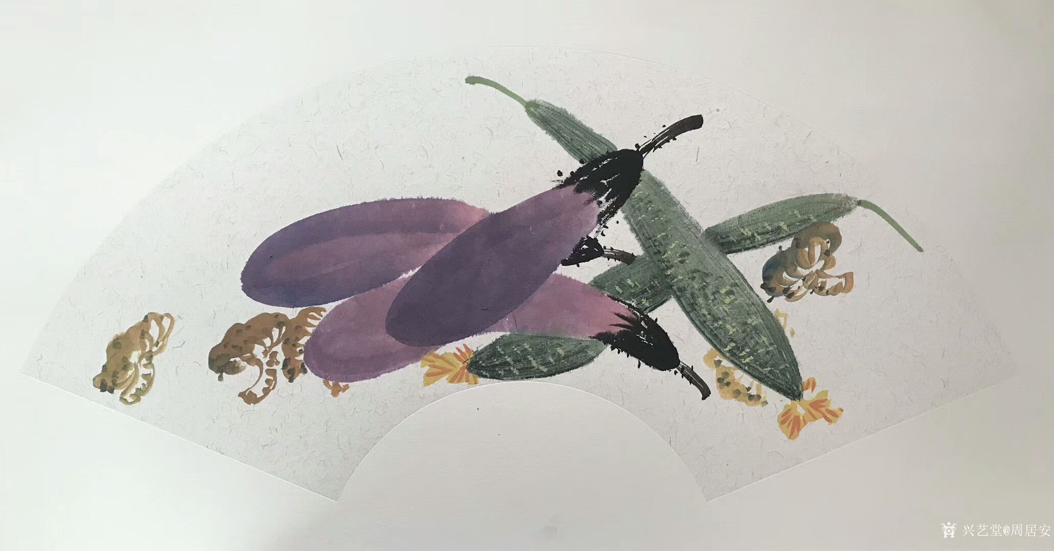 《莲蓬樱桃》《茄子丝瓜》《玉米荔枝》《牵牛葫芦》,国画扇面作品