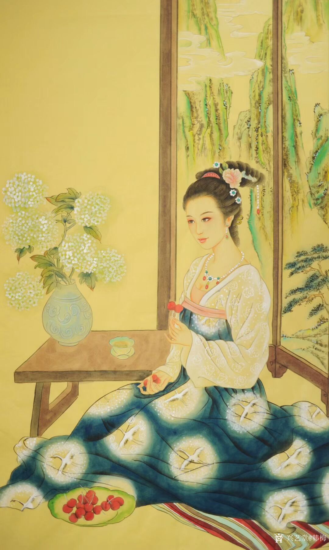 韩梅日记-国画人物工笔画《仕女图》美女吃荔枝,尺寸四尺竖幅68x138cm