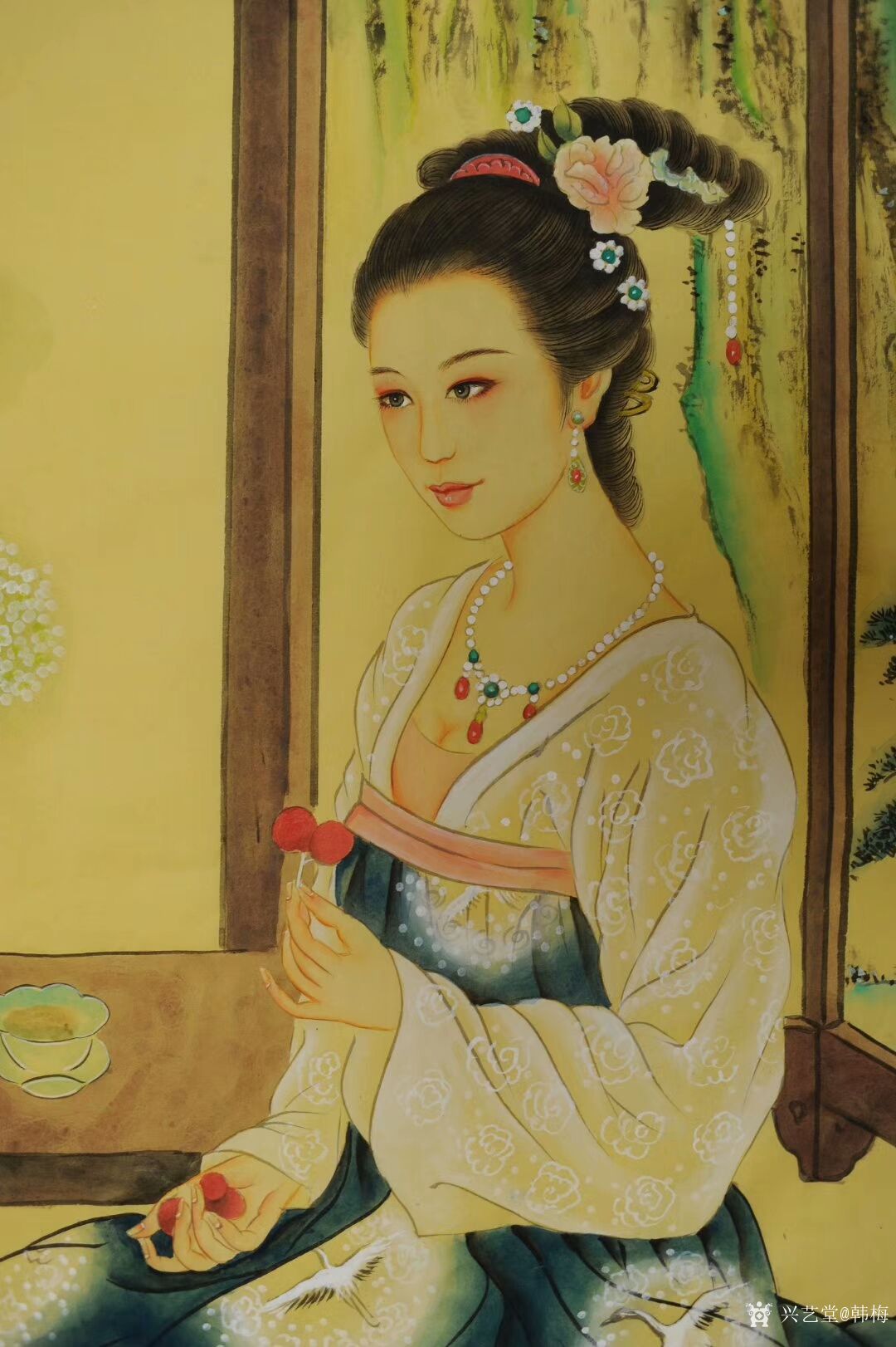工笔画《仕女图》美女吃荔枝,尺寸四尺竖幅68x138cm,《仕女图》古装
