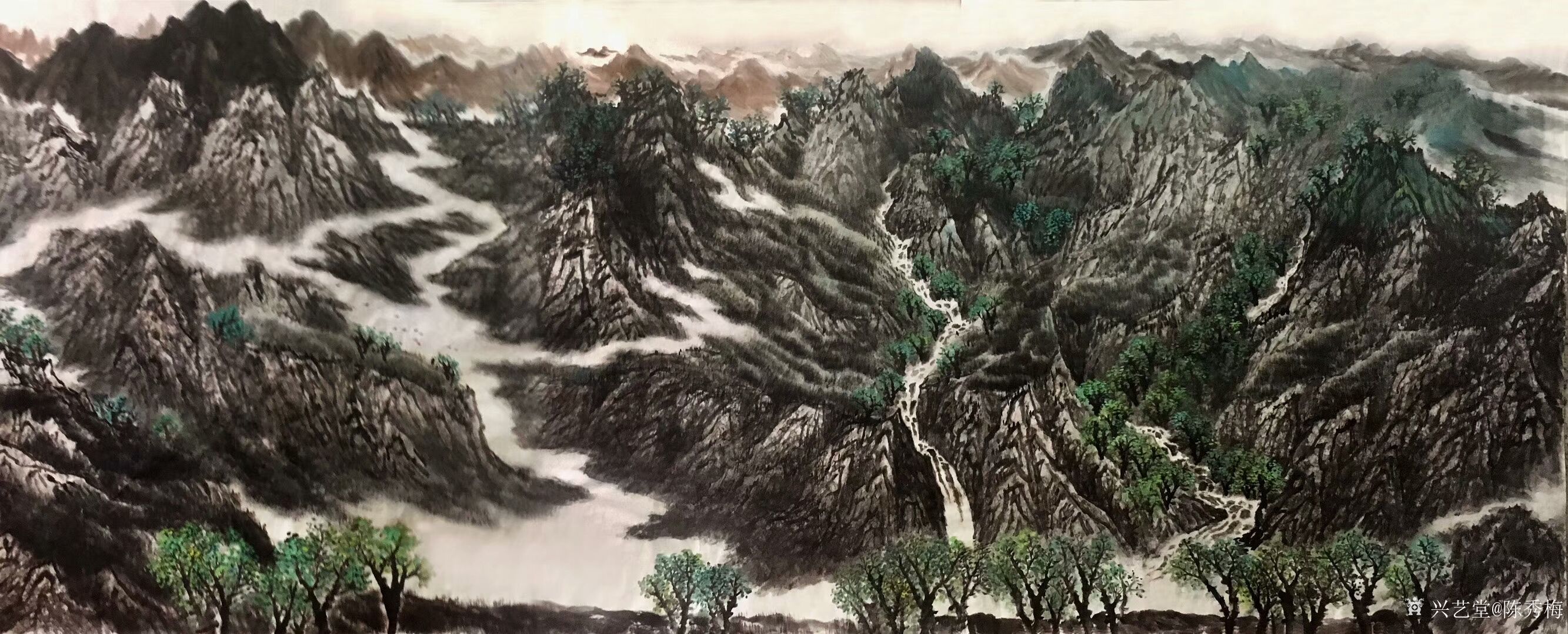 国画山水画宁夏贺兰山区写生作品"春草如有情,山中尚含绿"等