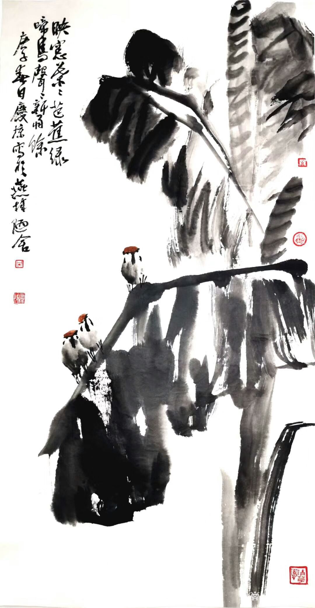 作品尺寸四尺竖幅68x138cm;庚子年春甘庆琼写意花鸟画芭蕉系列作品,请