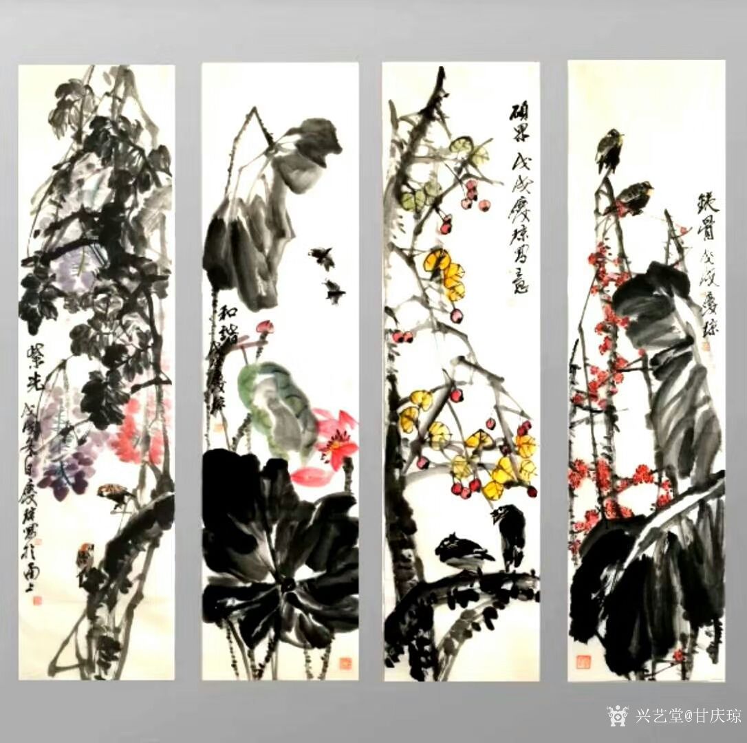 甘庆琼日记-国画写意花鸟画《春夏秋冬》,尺寸四条屏138x68cm;春