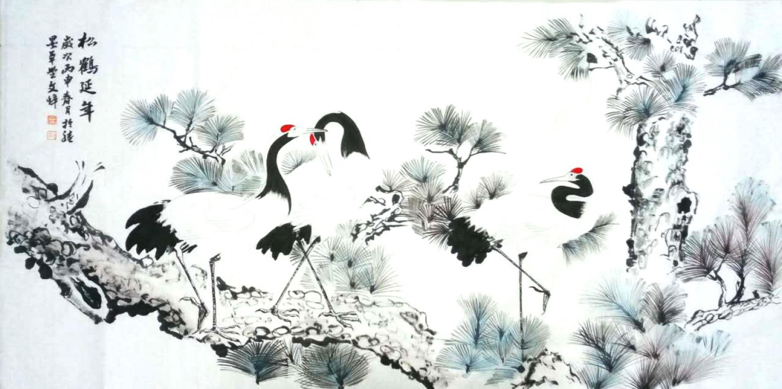 李牧国画作品《【松鹤延年】作者李牧》