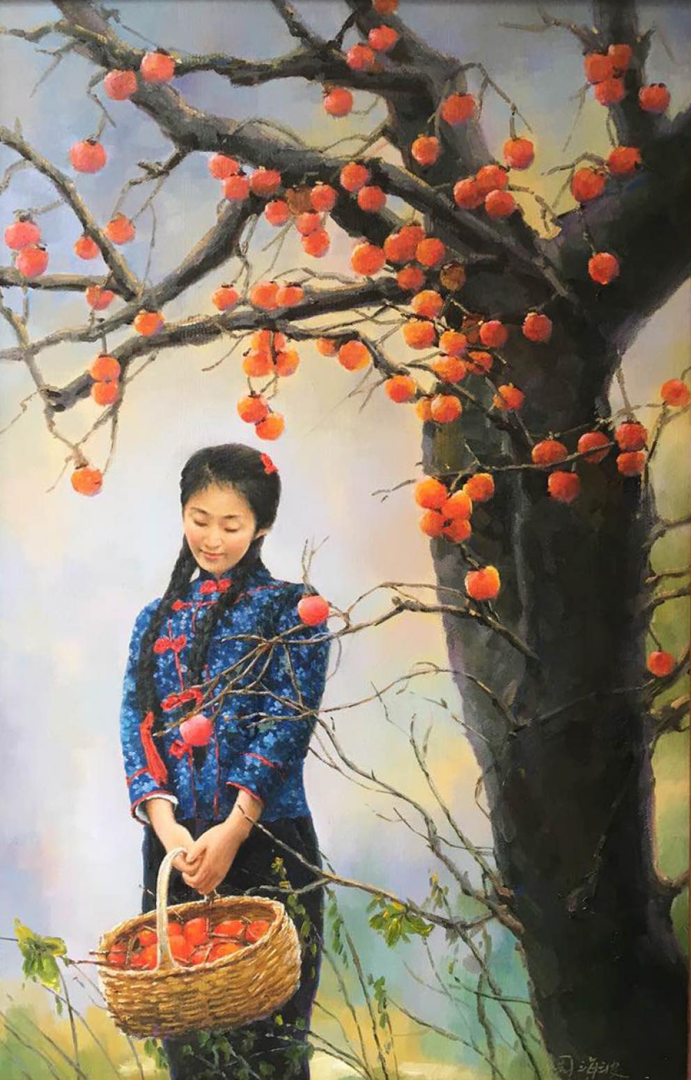 周海波油画作品《【柿子红了】作者周海波》