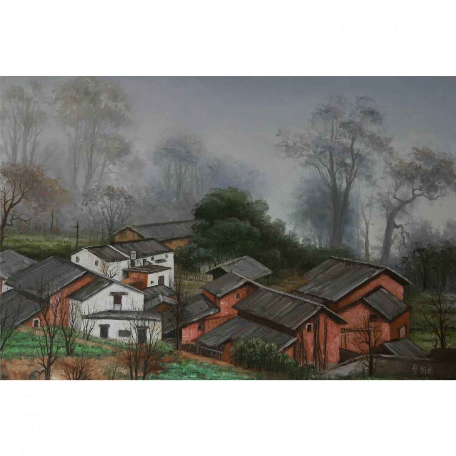 覃朝坤油画作品山村作者覃朝坤