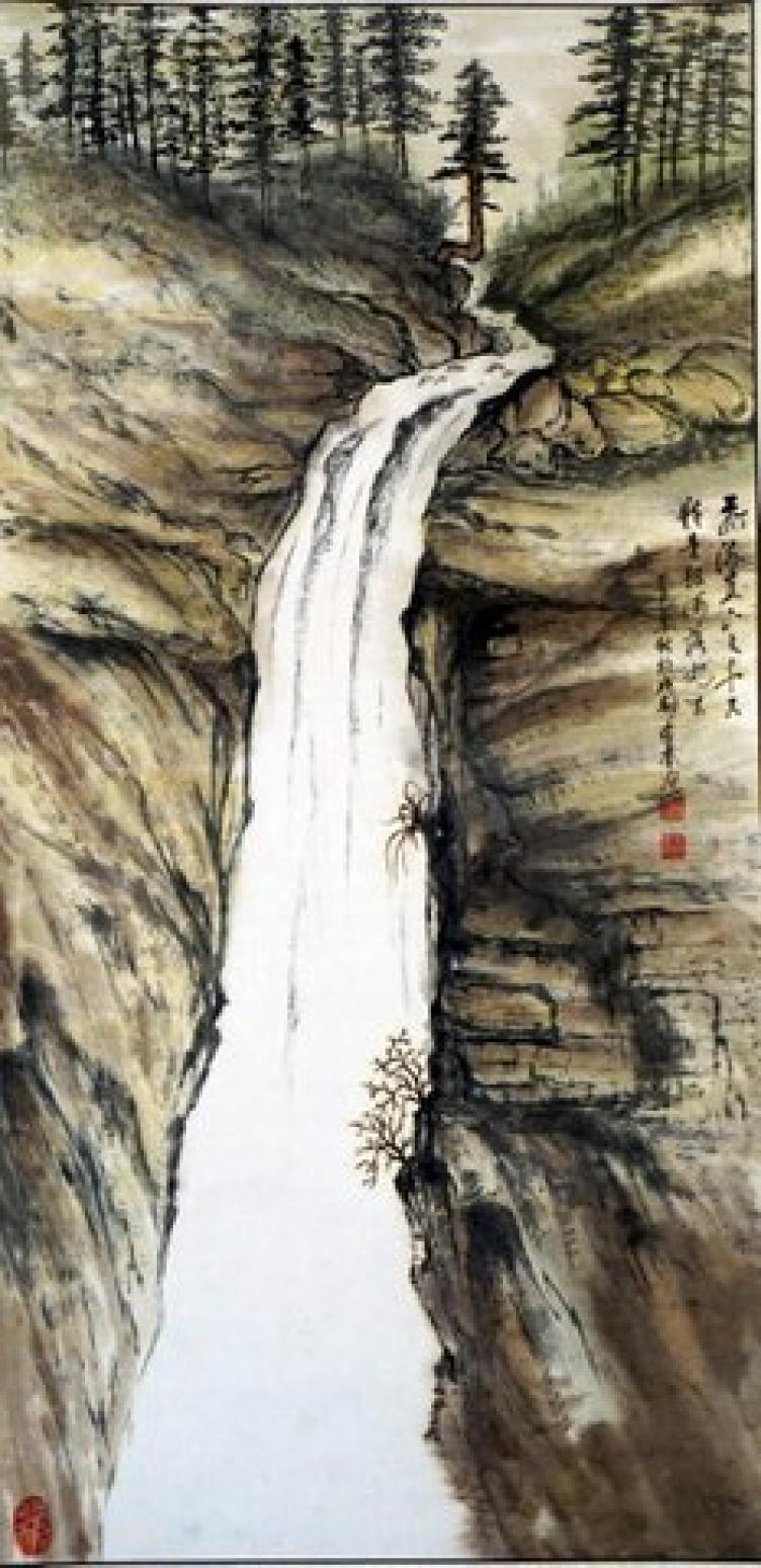 李奎国画作品《飞流直下三千尺 作者李奎》