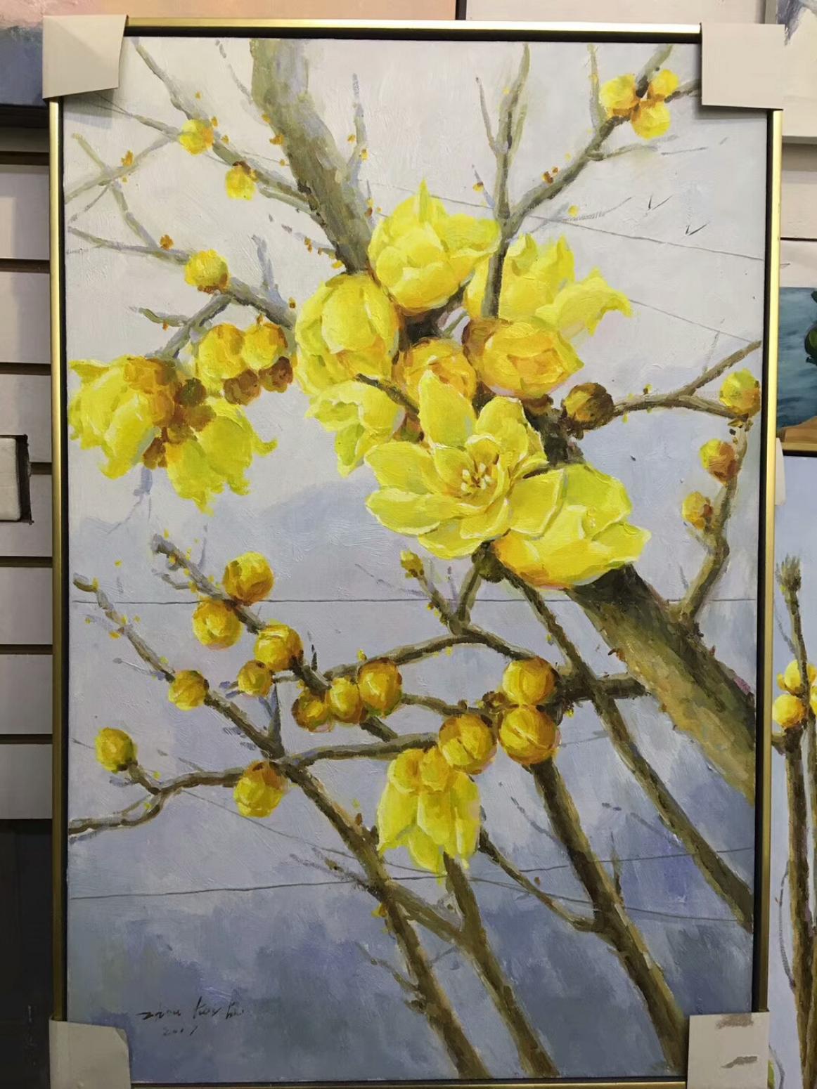 周海波油画作品《腊梅花开》