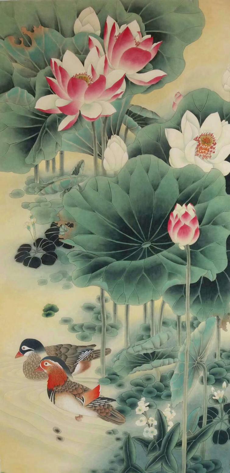 韩梅国画作品荷花鸳鸯