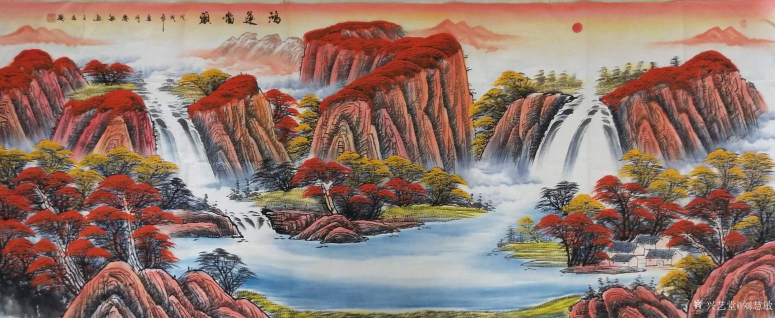 00 作品介绍: 山水画《鸿运当头》两幅,寓意:喜庆富贵,财运滚滚!