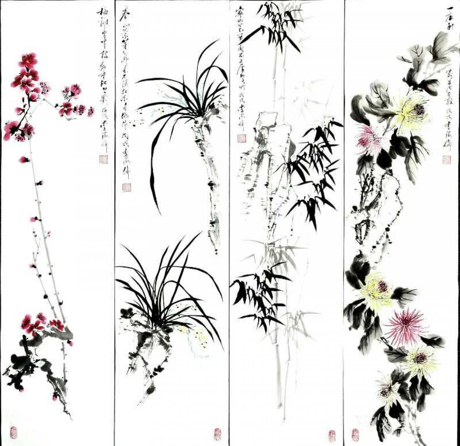 李牧国画作品《梅兰竹菊》