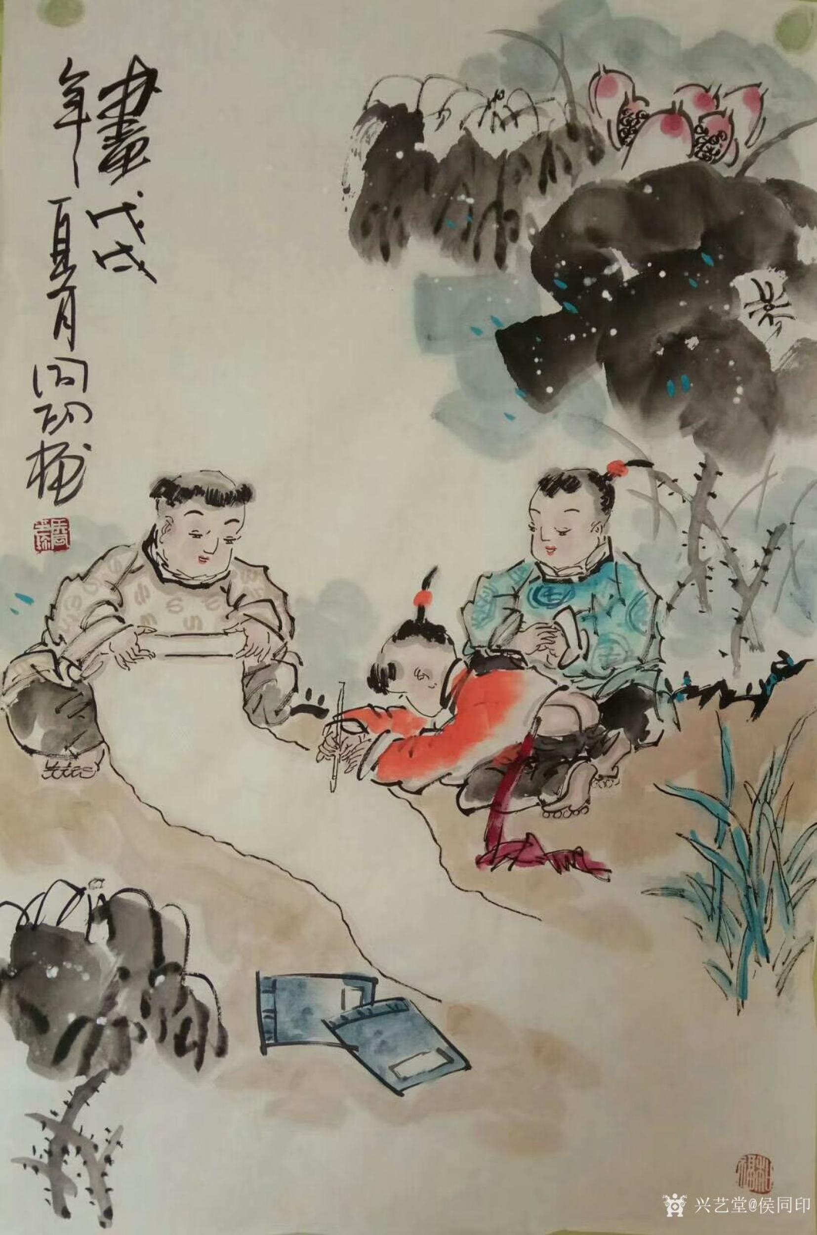侯同印日志-国画人物画儿童系列作品《琴》《棋》《书》《画》,尺寸四