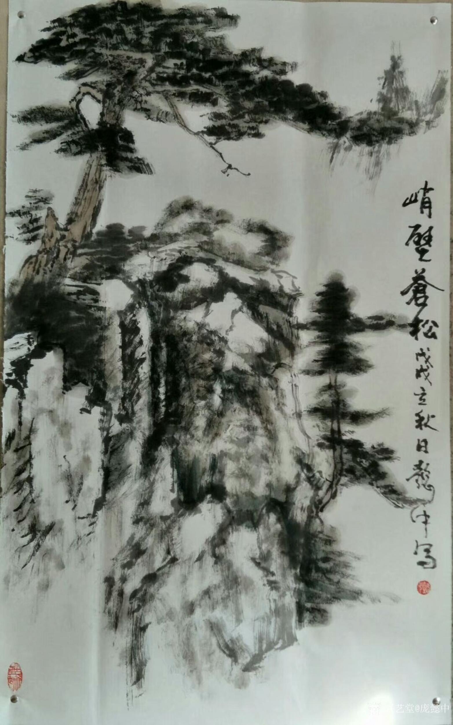 庞懿中日志-近期四尺国画山水画作品《烟峡》,《峭壁苍松》,《黄山