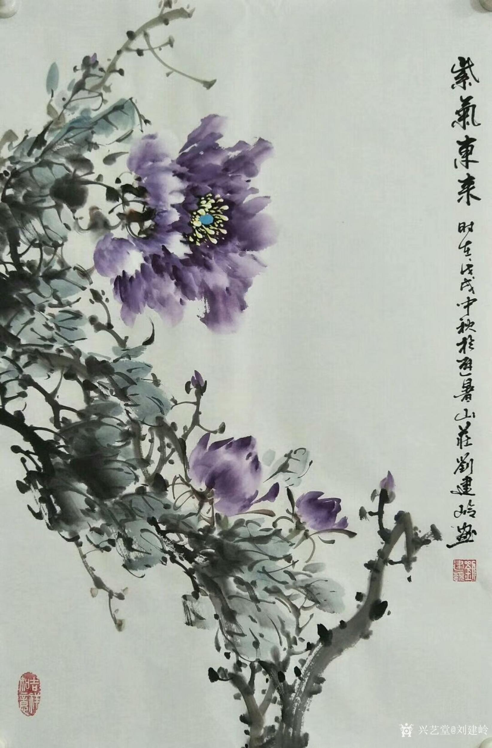刘建岭日志-花鸟画国画牡丹系列作品:橙色牡丹《金玉满堂》,紫色牡丹