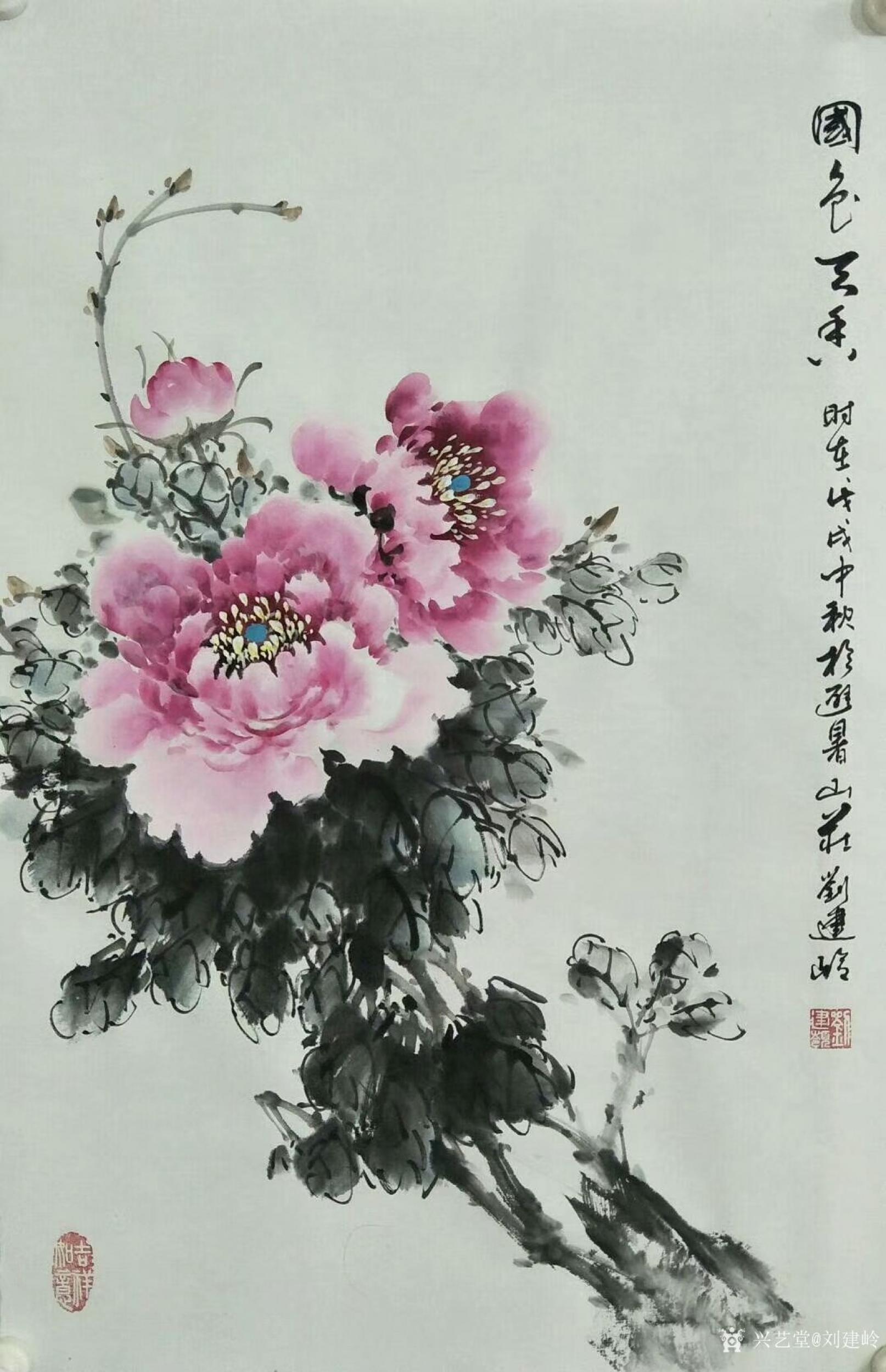 刘建岭日志-花鸟画国画牡丹系列作品:橙色牡丹《金玉满堂》,紫色牡丹
