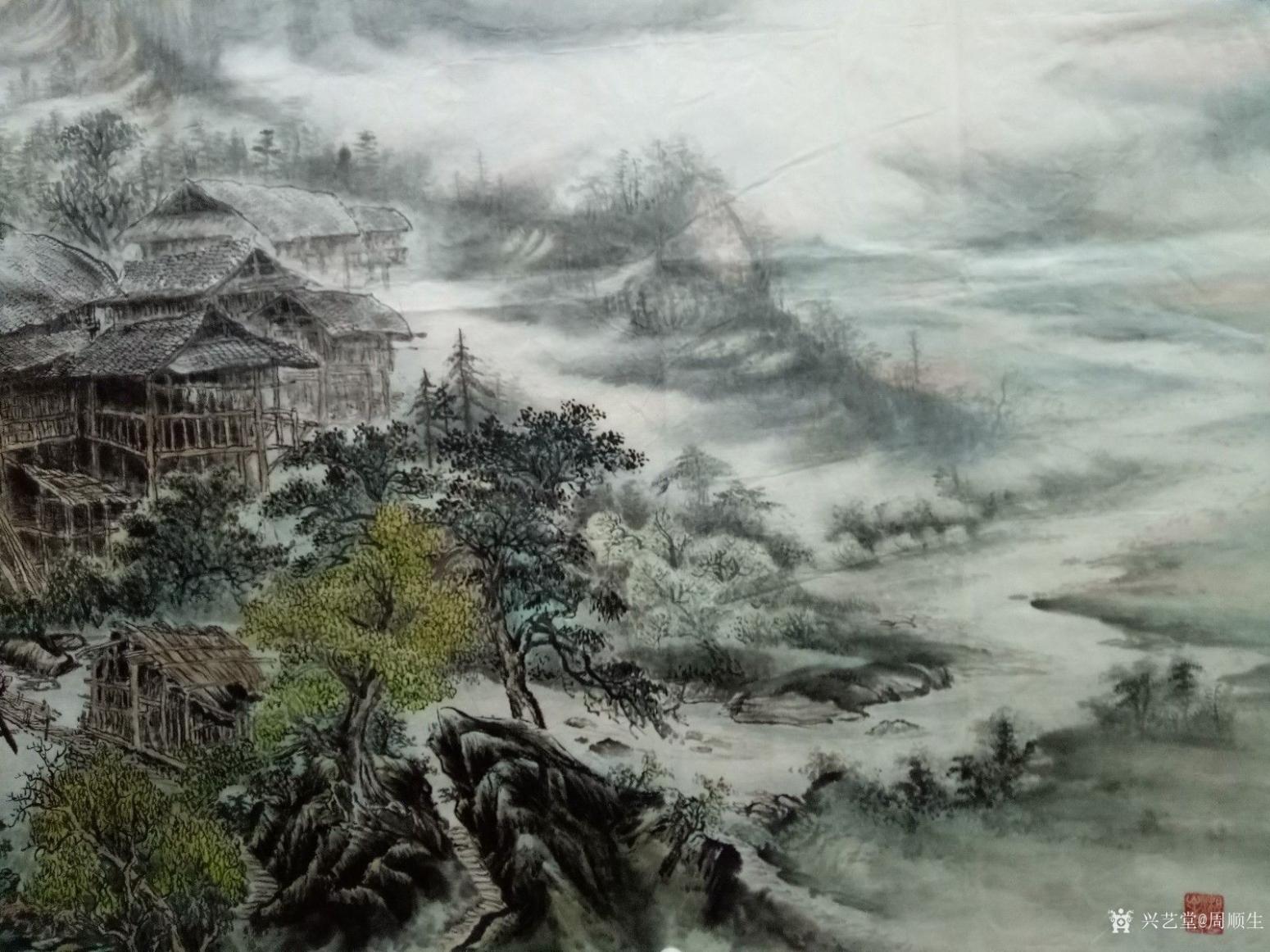 周顺生国画作品《大六尺春暖苗寨》