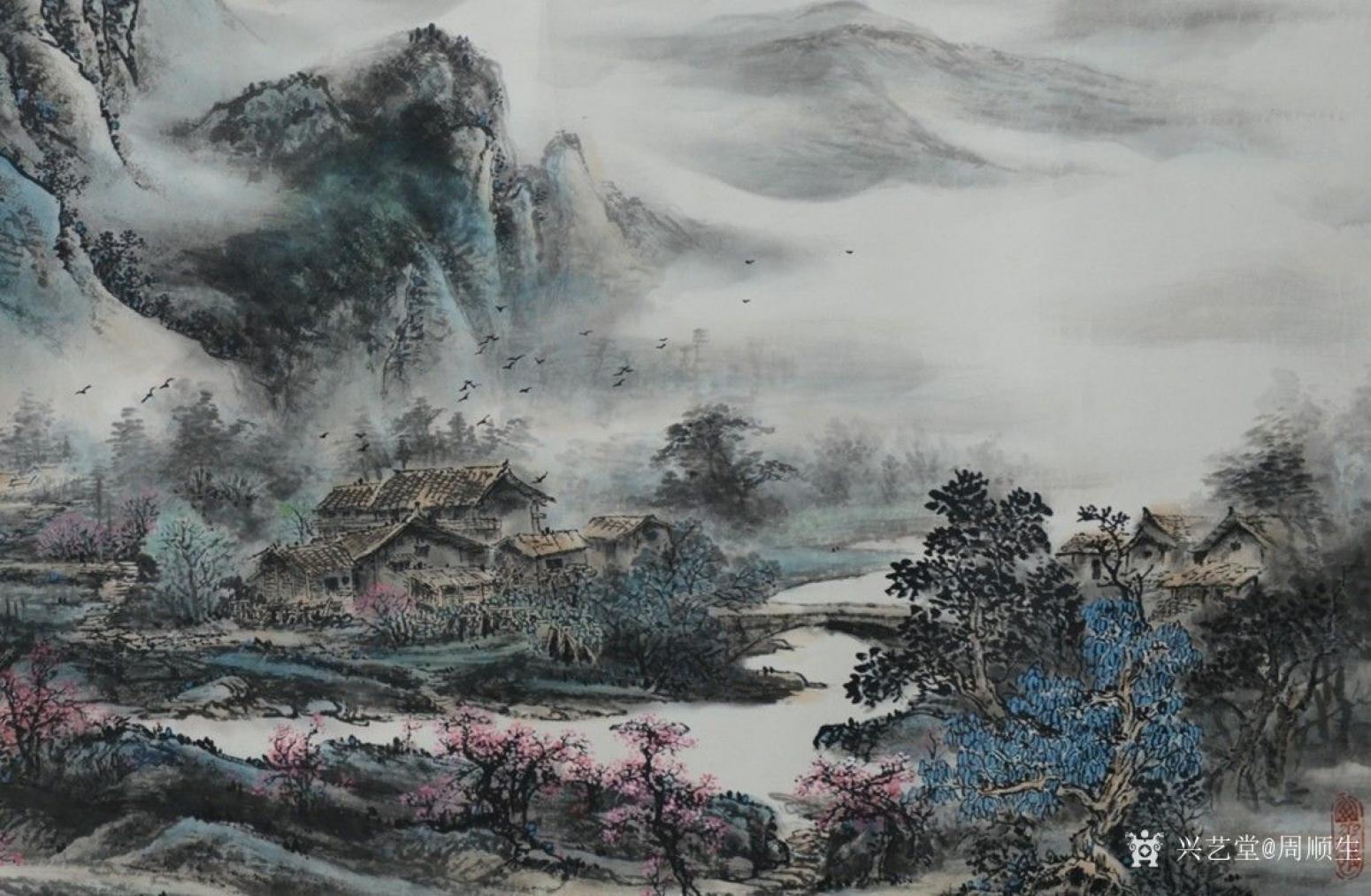周顺生国画作品《四尺春山缭绕出溪水》