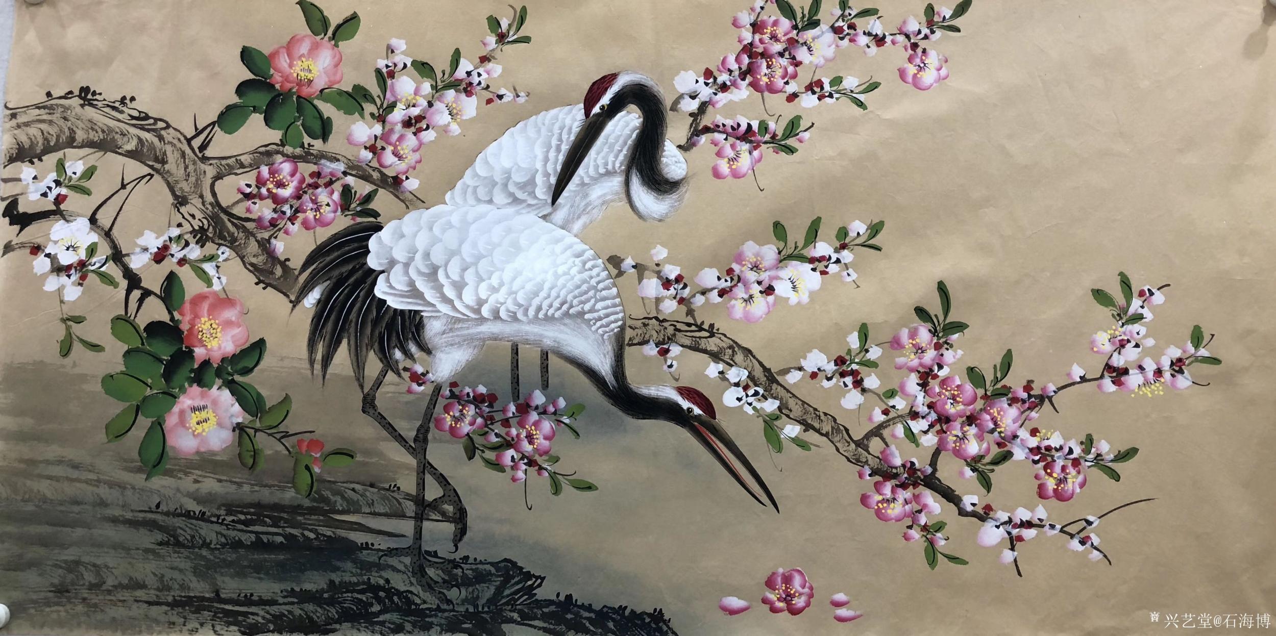 石海博日志-国画仙鹤《瑞鹤呈祥》尺寸四尺横幅136*68厘米,国画花鸟画