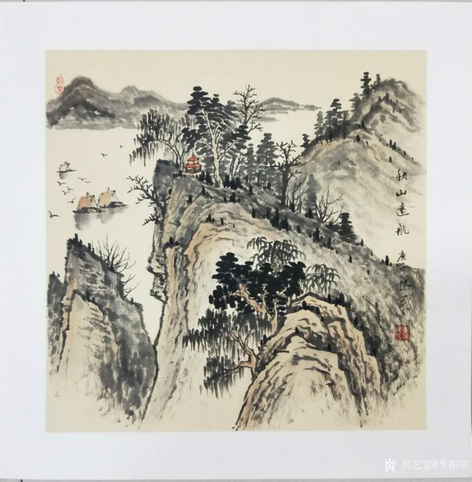 李振军国画作品仿古山水秋山远航
