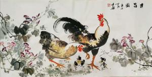 艺术品图片：艺术家卢士杰国画作品名称《鸡-吉昌图幸福一家》价格1800.00 元