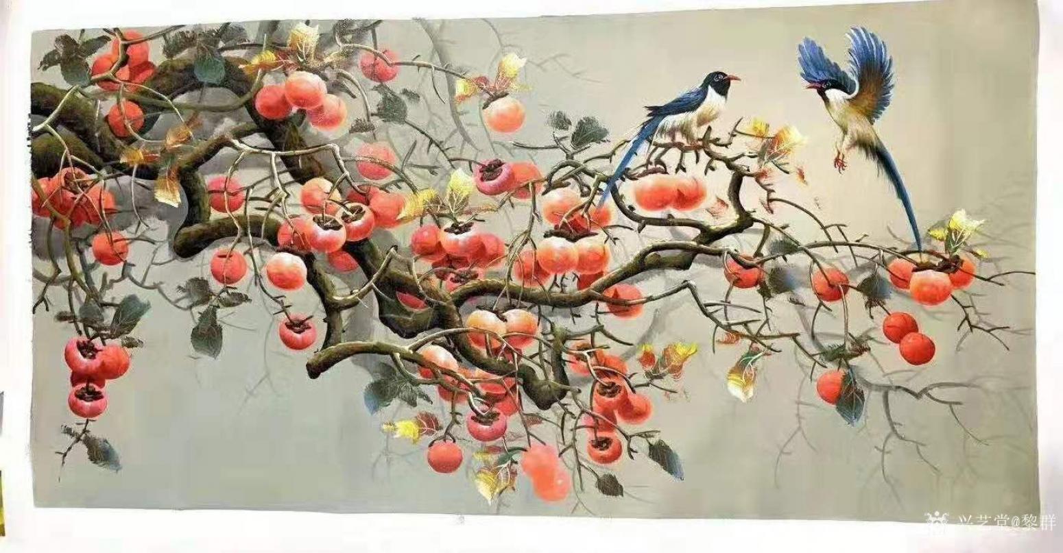 黎群油画作品《柿子喜鹊事事如意三》