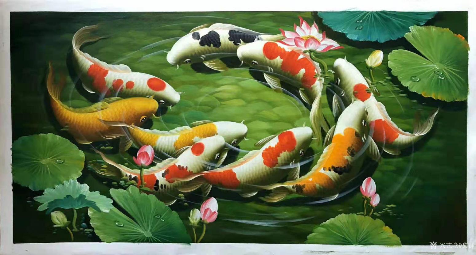黎群油画作品《九鱼图(九)横幅》