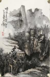 艺术品图片：艺术家张祖坤国画作品名称《山水-峡谷羌家》议价