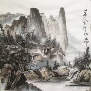 艺术品图片：艺术家张祖坤国画作品名称《山水-山谷人家》议价
