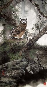 艺术品图片：艺术家石川国画作品名称《猫头鹰-雄视》议价