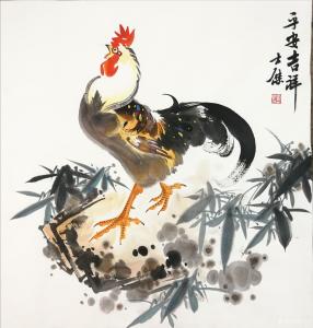 艺术品图片：艺术家卢士杰国画作品名称《公鸡-平安吉祥》价格1200.00 元