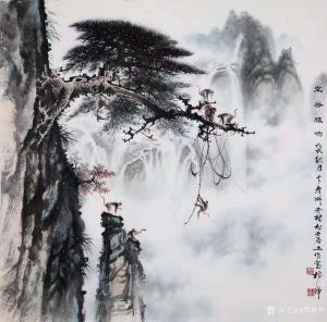艺术品图片：艺术家罗树辉国画作品名称《山水松猴-空谷猿鸣》价格12000.00 元