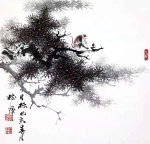 艺术品图片：艺术家罗树辉国画作品名称《松猴-目标》价格8000.00 元
