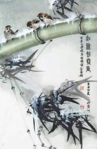 艺术品图片：艺术家李伟强国画作品名称《花鸟竹子-夜深知雪重》议价