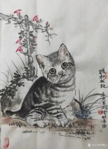 艺术品图片：艺术家郝鹏云国画作品名称《萌猫-谁和我玩》议价