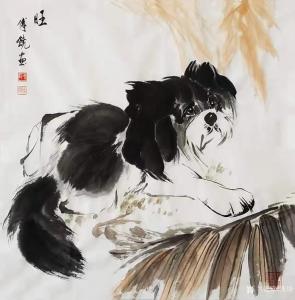 艺术品图片：艺术家傅饶国画作品名称《宠物狗-旺》议价