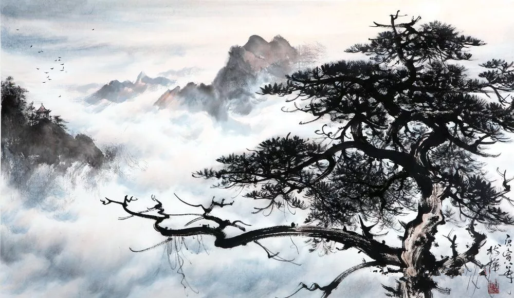 图为“岭南画派”著名画家罗树辉先生的国画松树作品