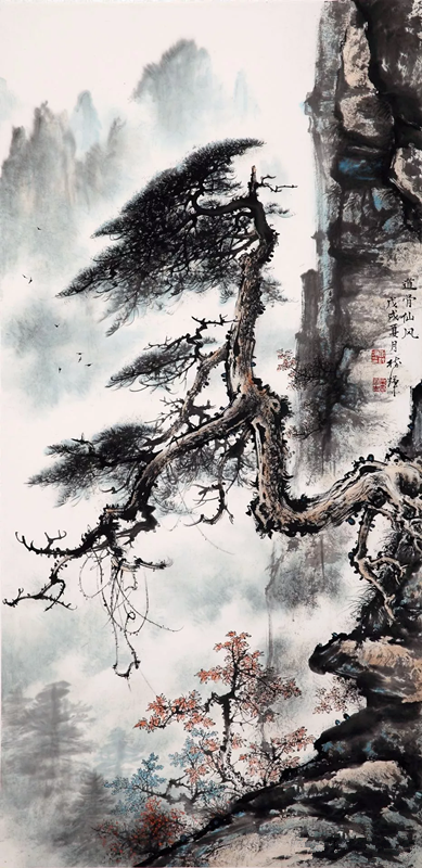 图为“岭南画派”著名画家罗树辉先生的国画松树作品《道骨仙风》