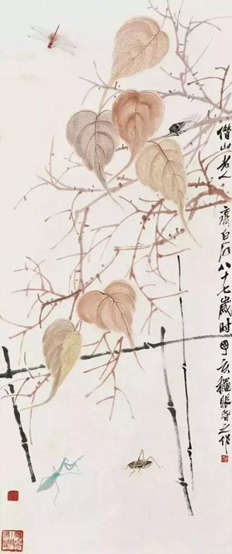 齐白石画的蝉【1947年作贝叶草虫】