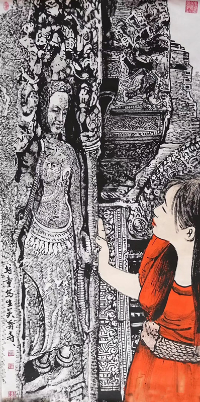 马培童焦墨画《写生吴哥寺》作品欣赏