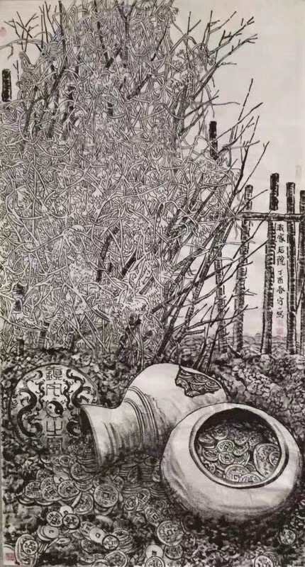 马培童焦墨画《我家后院》作品欣赏