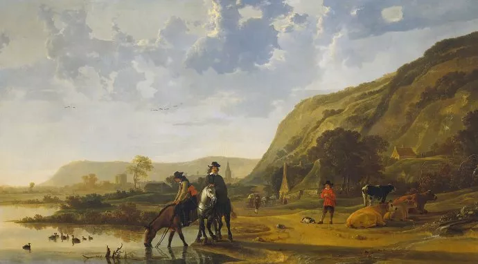 阿尔伯特·克伊普 Aelbert Cuyp 油画作品欣赏《河景观与旅行者》