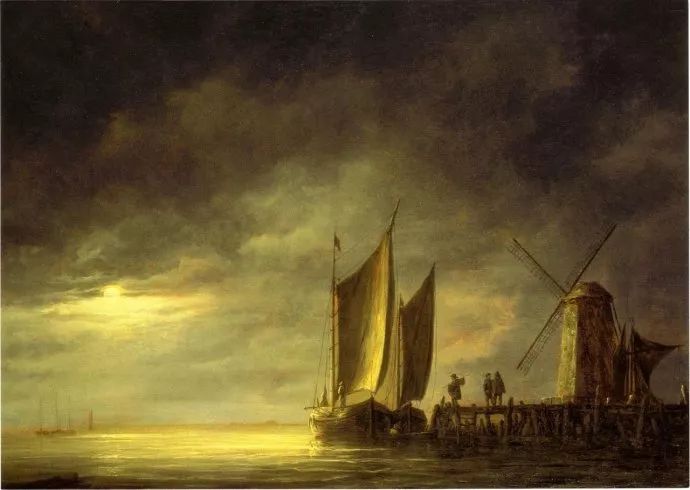 阿尔伯特·克伊普 Aelbert Cuyp 油画作品欣赏《渔船在月光下》