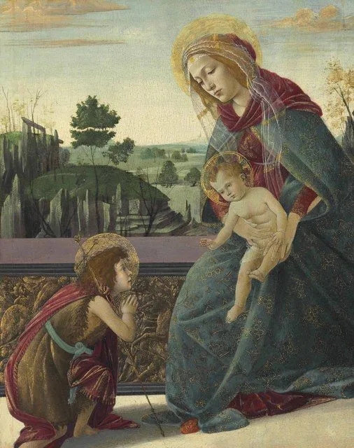桑德罗·波提切利（Sandro Botticelli）油画作品《圣母、圣婴与年轻的施洗者圣约翰（Madonna and Child with Young Saint John the Baptist）》